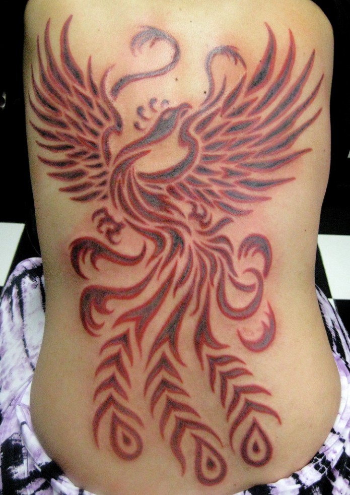 Red And Black Tribal Phoenix Tattoo Design For Full Back