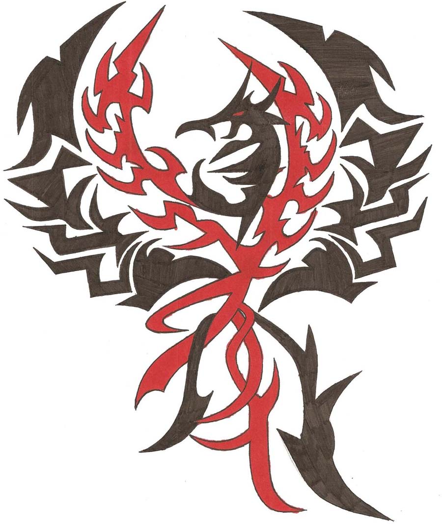 Red And Black Tribal Phoenix Tattoo Design