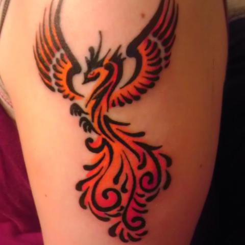 Red And Black Tribal Phoenix Tattoo On Half Sleeve