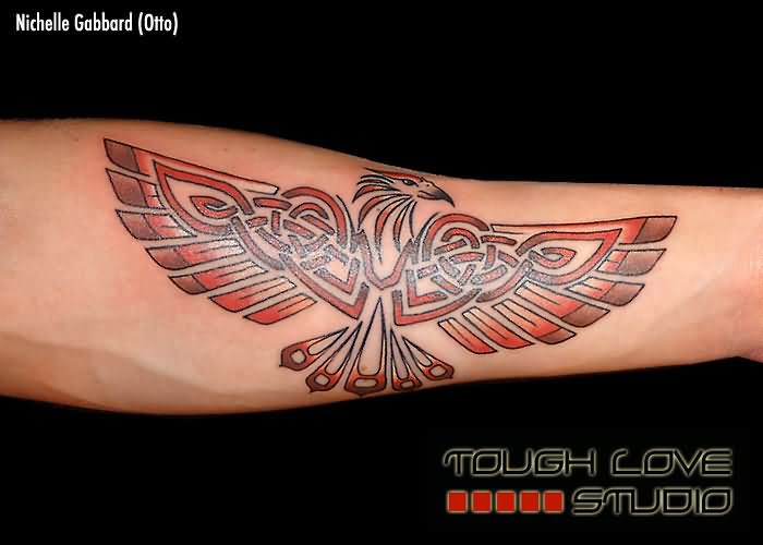 Red Ink Aztec Phoenix Tattoo Design For Forearm