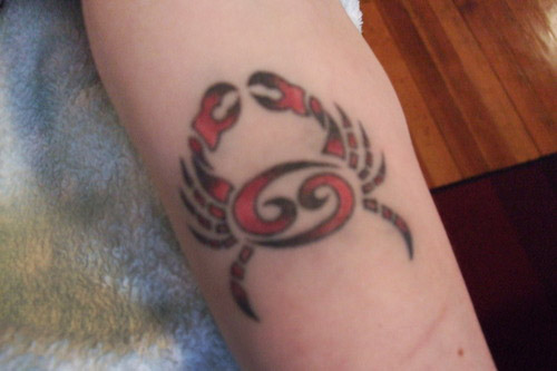 Red Ink Cancer Zodiac Sign Tattoo Design For Sleeve