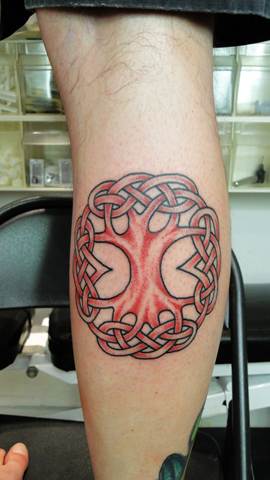 Red Ink Celtic Tree of Life Tattoo Design For Leg