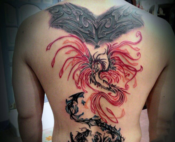 Red Ink Japanese Phoenix Tattoo On Full Back