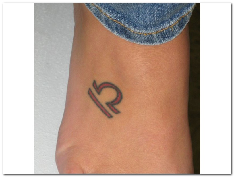 Red Ink Libra Zodiac Sign Tattoo On Right Foot