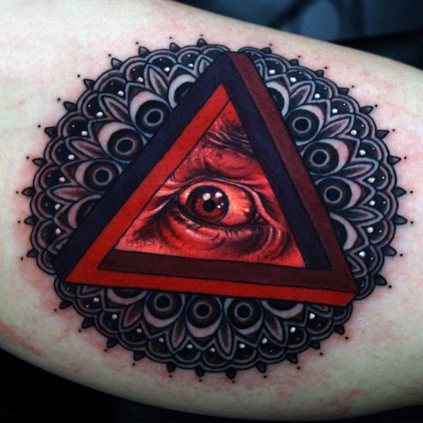 Red Ink Triangle Eye Tattoo Design For Sleeve