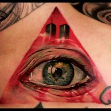 Red Ink Triangle Eye Tattoo Design