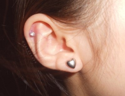 Right Ear Lobe And Helix Piercing