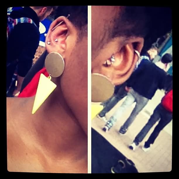 Right Ear Vertical Industrial And Snug Piercing