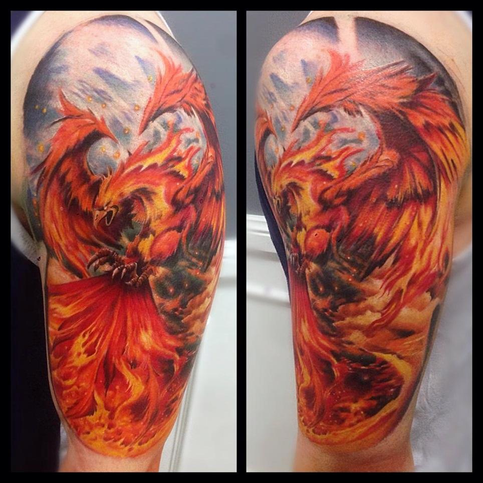 Rising Phoenix From The Ashes Tattoo On Half Sleeve