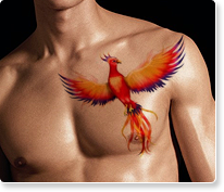 Rising Phoenix From The Ashes Tattoo On Man Left Chest