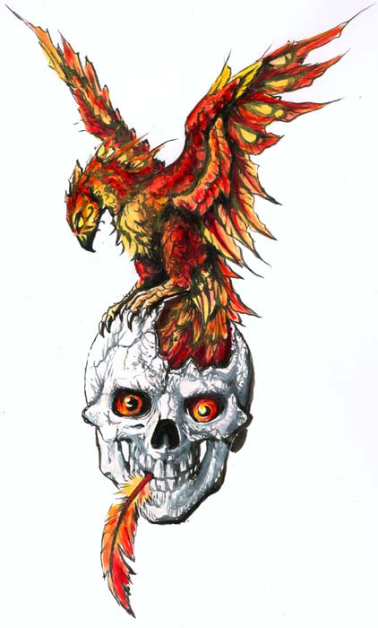 Rising Phoenix From The Ashes With Skull Tattoo Design
