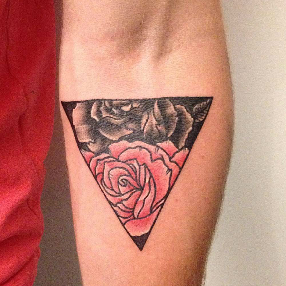 Roses In Upside Down Triangle Tattoo On Left Forearm