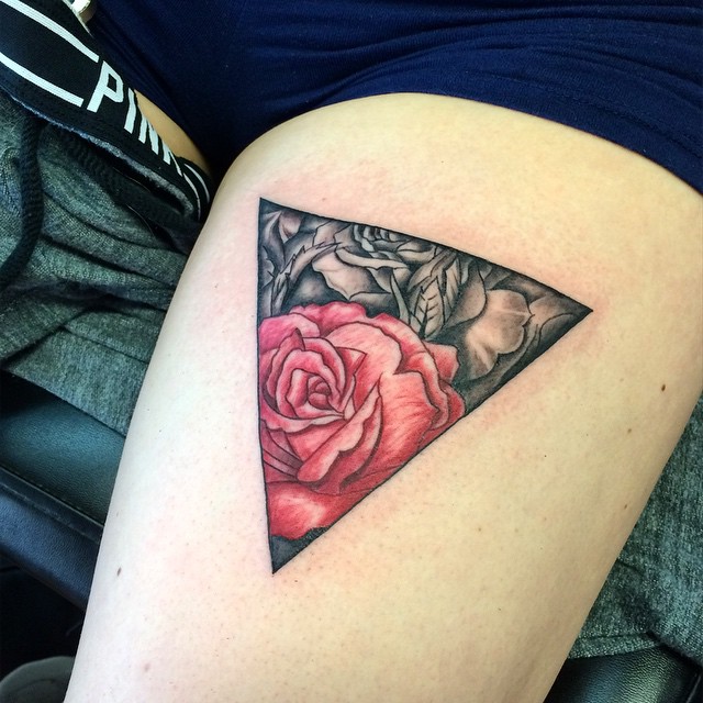 Roses In Upside Down Triangle Tattoo On Thigh