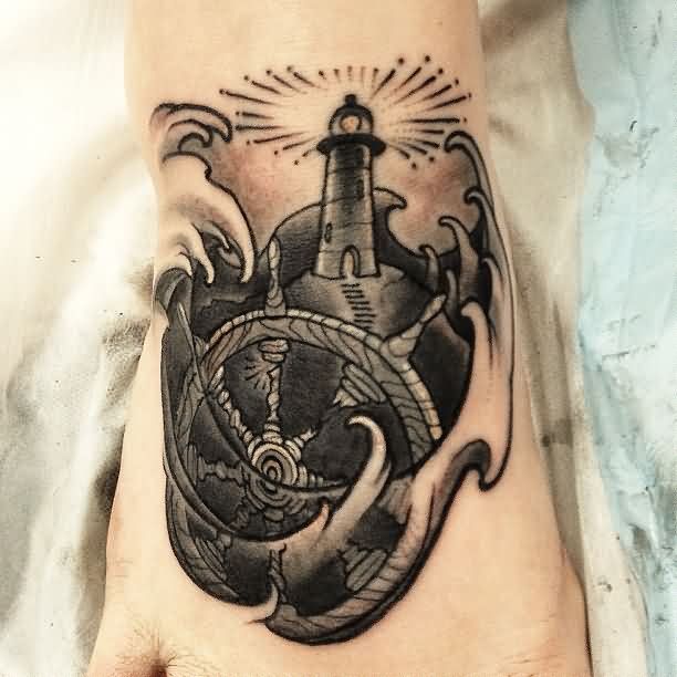 Sailor Wheel And Lighthouse In Water Waves Nautical Foot Tattoo