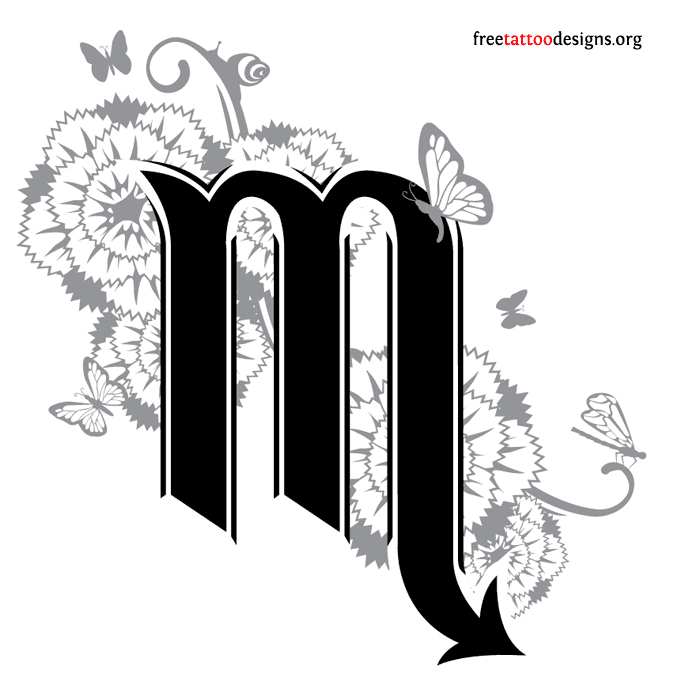 Scorpio Zodiac Sign With Flowers And Butterfly Tattoo Design