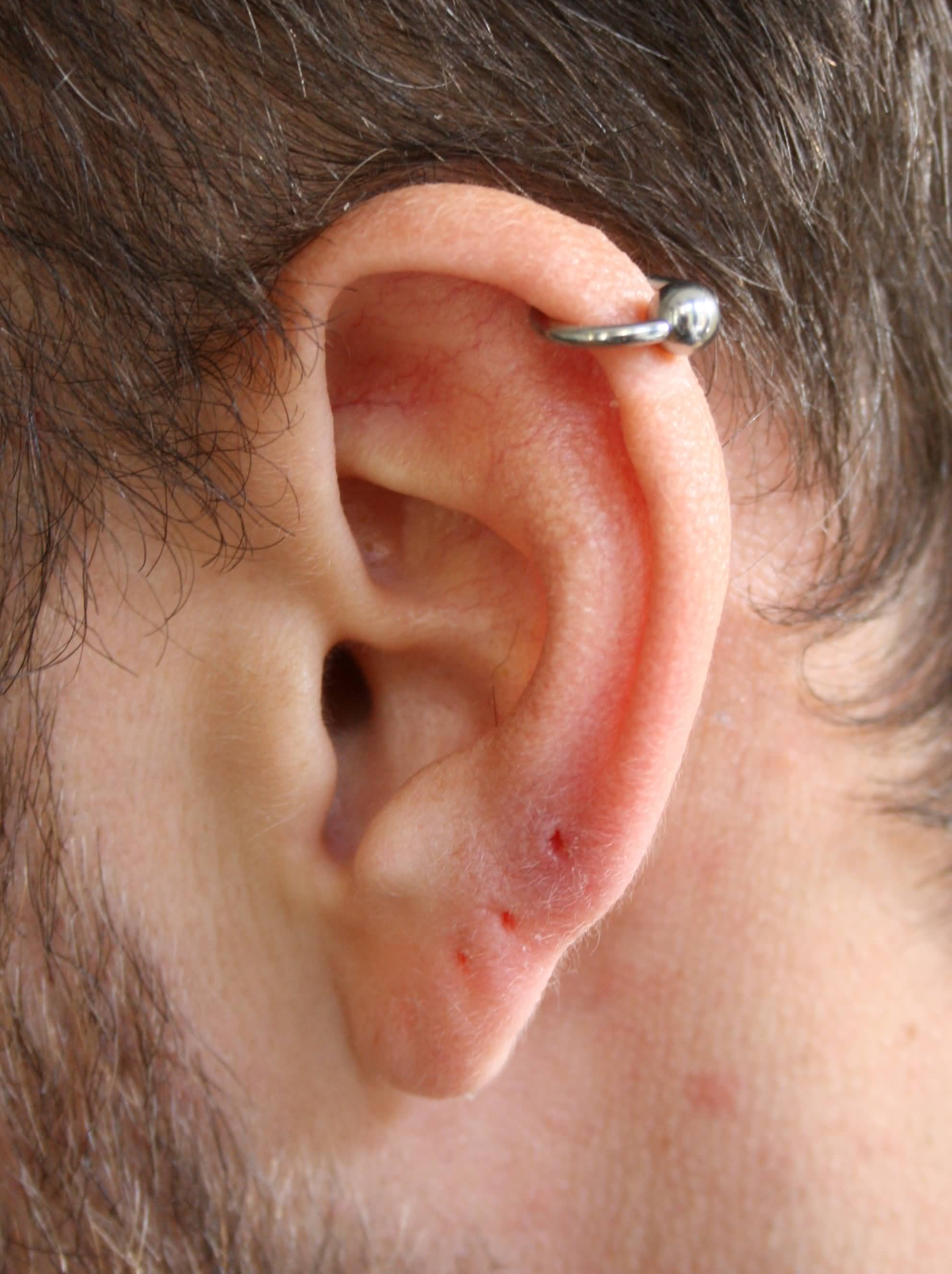 Silver Bead Ring Helix Piercing On Left Ear