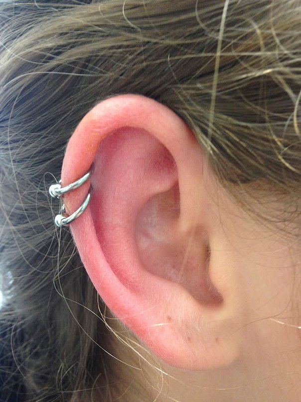 Silver Bead Rings Helix Piercing On Right Ear