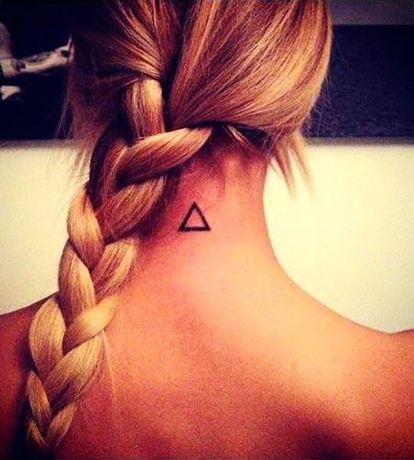Simple Black Outline Triangle Tattoo On Girl Back Neck