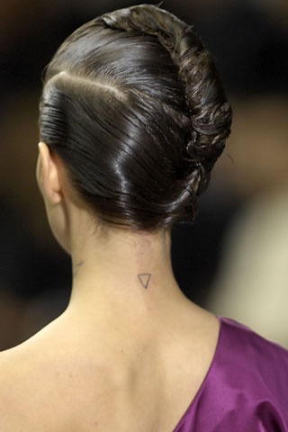 Simple Black Outline Upside Down Triangle Tattoo On Girl Back Neck