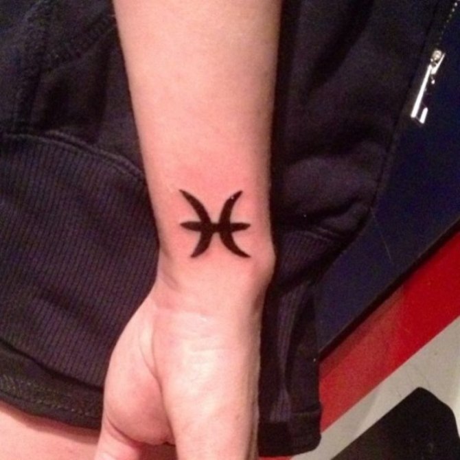 Simple Black Pisces Zodiac Sign Tattoo On Right Wrist