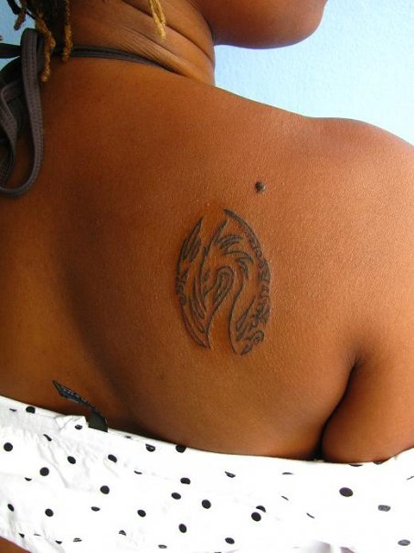Simple Rising Phoenix From The Ashes Tattoo On Girl Right Back Shoulder