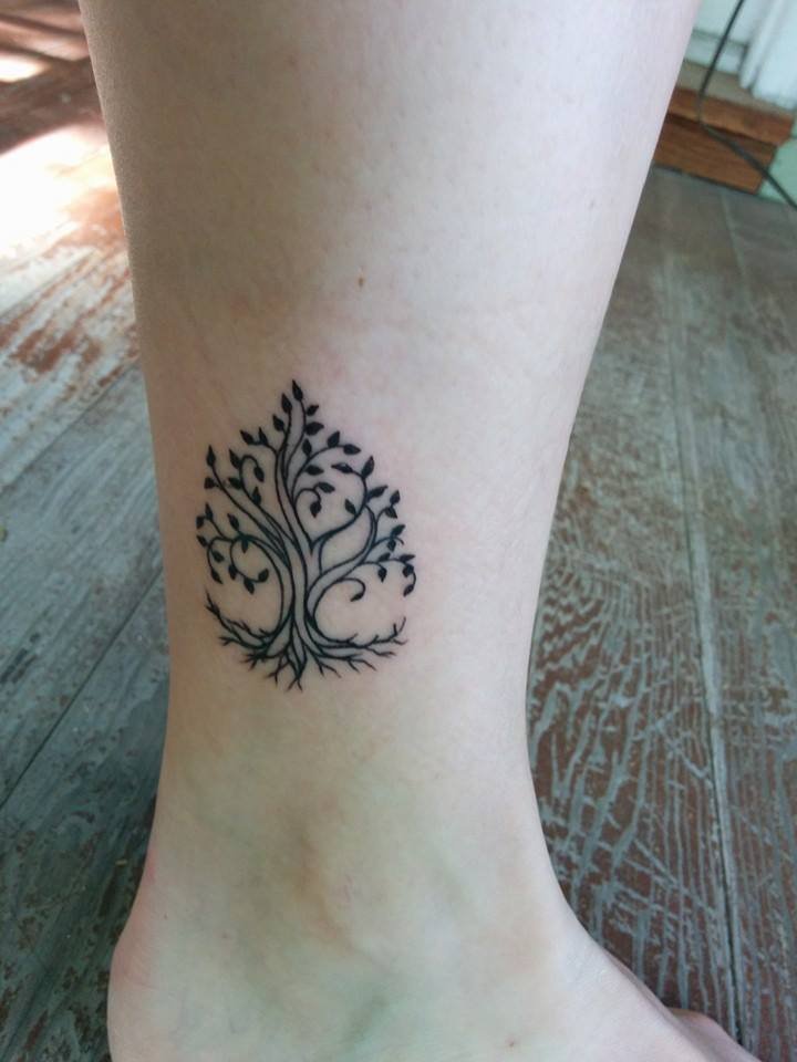 Small Black Outline Tree Of Life Tattoo On Right Leg