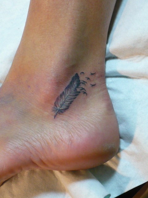 Small Flying Birds Indian Feather Ankle Tattoo