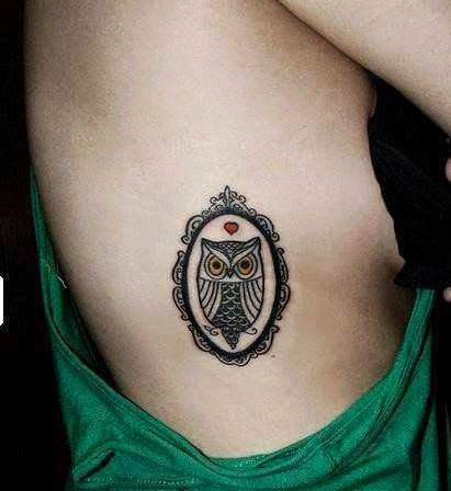 Small Owl In Frame Tattoo On Girl Right Side Rib