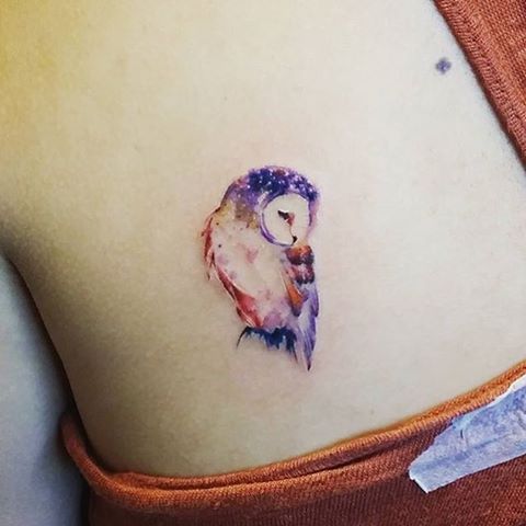 Small Watercolor Owl Tattoo Design For Girl Side Rib