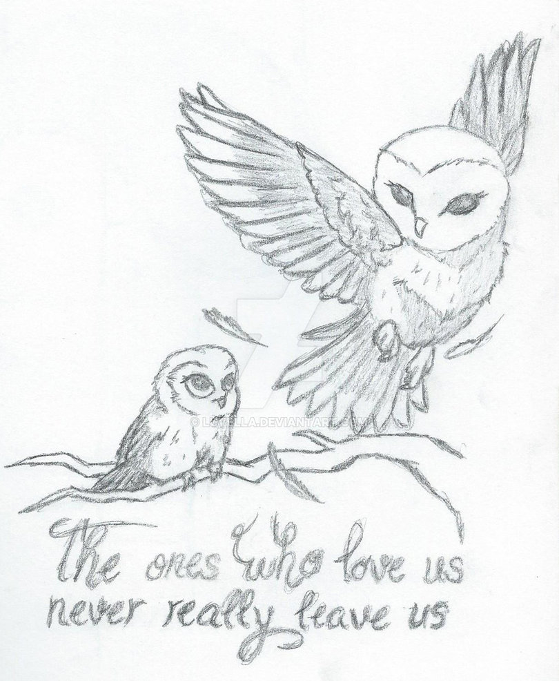 The Ones Who Love Us Never Really Leave Us - Grey Ink Owl With Baby Owl Tattoo Design By Luvella