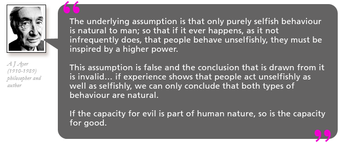 The underlying assumption is that only purely selfish behaviour is natural to man; so that if it ever happens, as it not infrequently does, that people behave ... A J Ayer