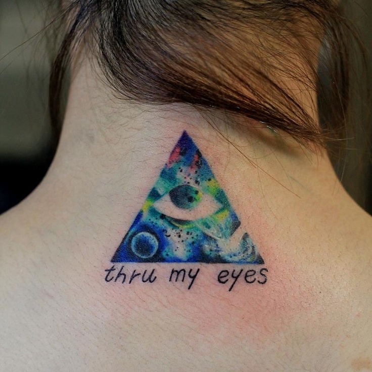 Thru My Eyes - Colorful Eye In Triangle Tattoo On Girl Back Neck