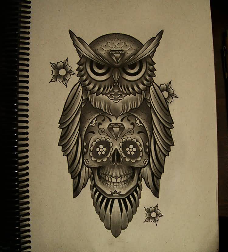 Traditional Black Ink Owl With Skull Tattoo Design