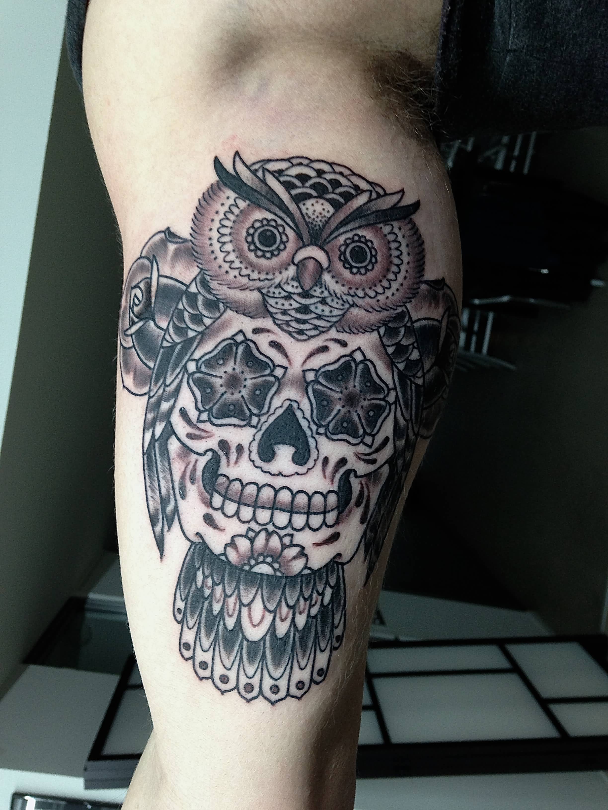 Traditional Black Ink Owl With Sugar Skull And Roses Tattoo Design For Half Sleeve