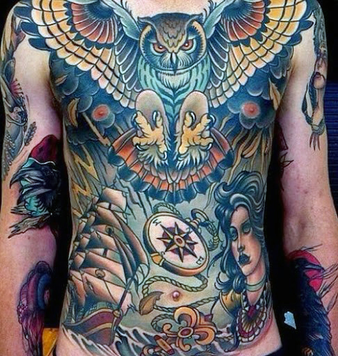Traditional Colorful Flying Owl With Ship And Girl Face Tattoo On Man Full Body