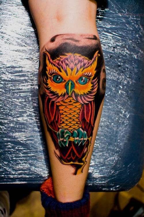 Traditional Colorful Owl Tattoo On Leg Calf