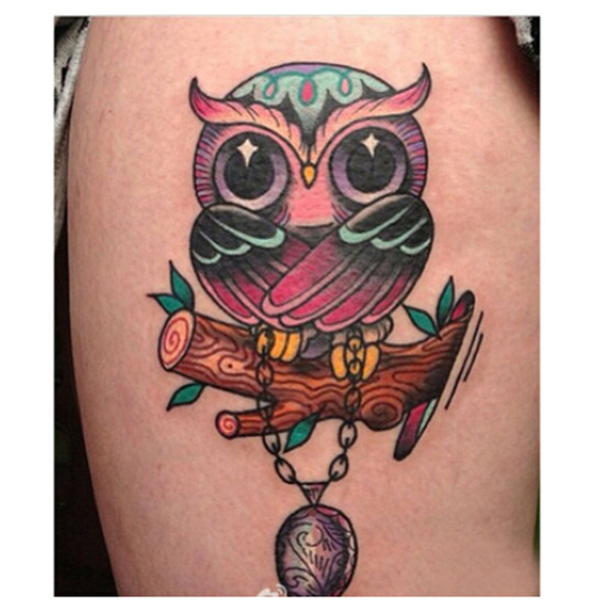 Traditional Colorful Owl Tattoo On Right Shoulder