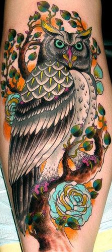 Traditional Colorful Owl With Flowers Tattoo Design For Leg
