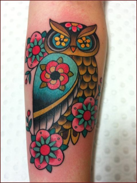 Traditional Colorful Owl With Flowers Tattoo Design For Sleeve