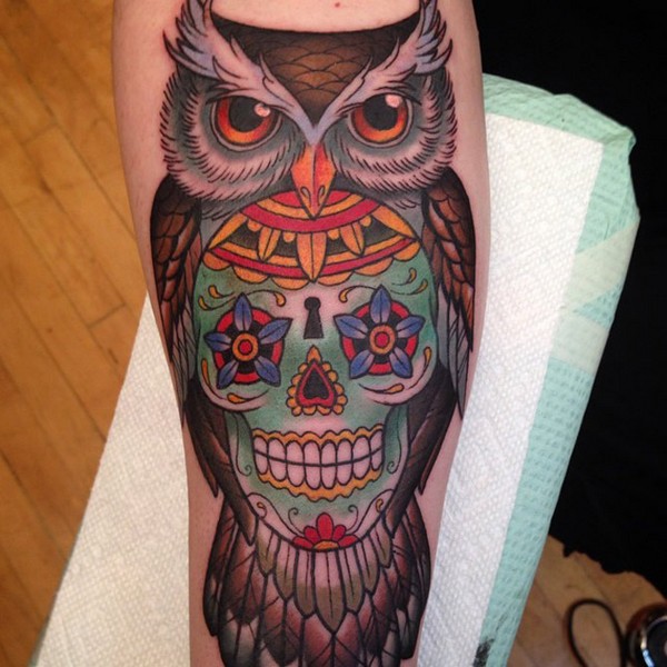 Traditional Colorful Owl With Sugar Skull Tattoo Design For Forearm By Kim Saigh