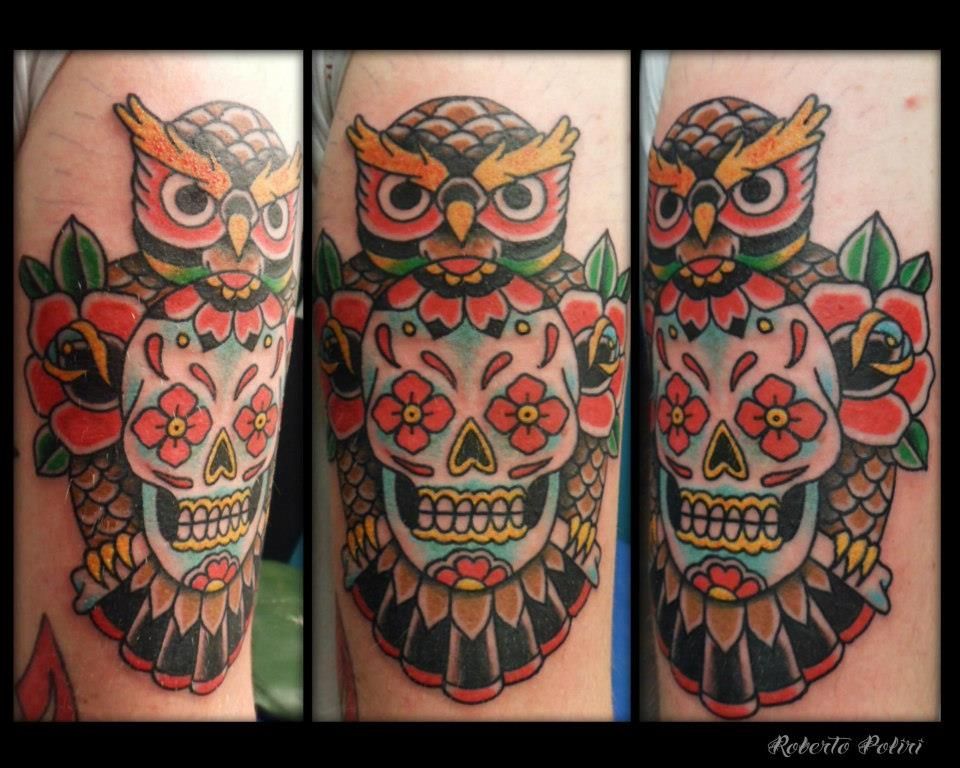 Traditional Colorful Owl With Sugar Skull Tattoo Design For Sleeve