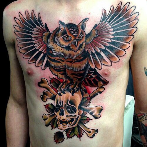 Traditional Flying Owl With Danger Skull Tattoo On Man Chest