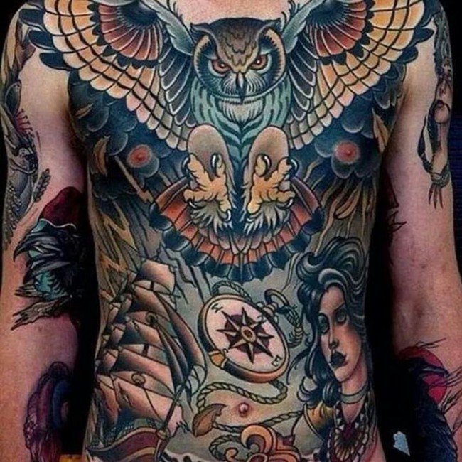 Traditional Flying Owl With Ship And Girl Face Tattoo On Man Chest