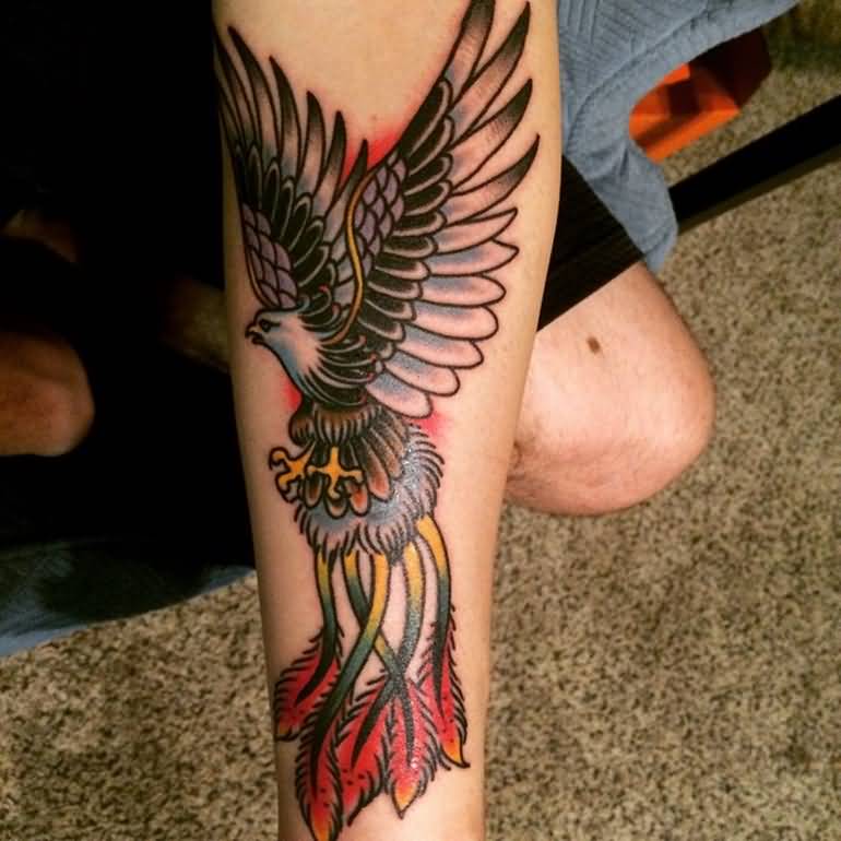 Traditional Flying Phoenix Tattoo On Forearm