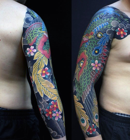 Traditional Japanese Phoenix With Flowers Tattoo On Man Right Full Sleeve
