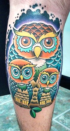 Traditional Owl Family Tattoo Design For Leg Calf By Matt Stankis