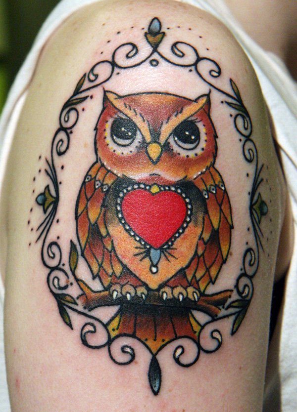 Traditional Owl In Frame Tattoo On Right Shoulder