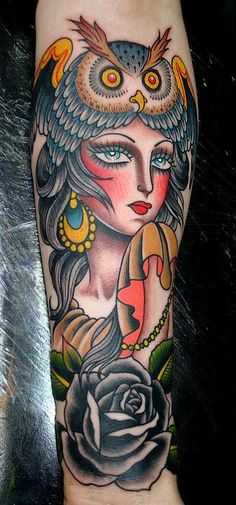 Traditional Owl On Girl Head With Rose Tattoo On Sleeve