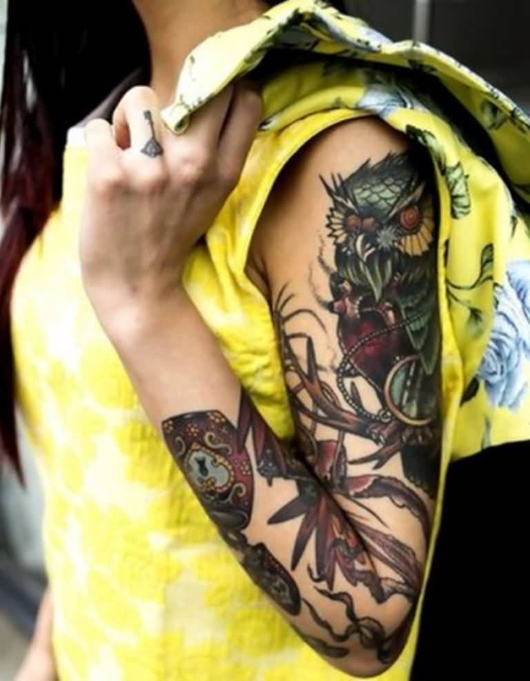 Traditional Owl Tattoo On Girl Left Full Sleeve