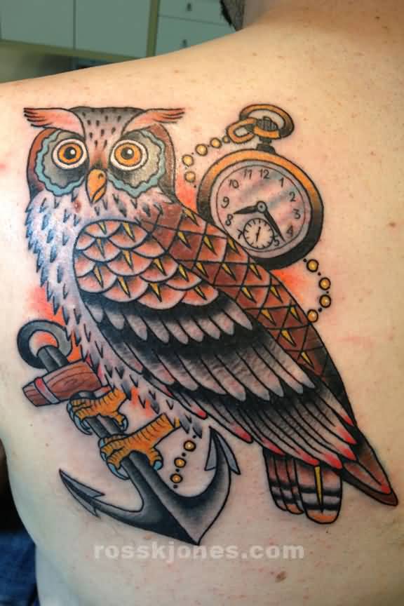 Traditional Owl With Anchor And Pocket Watch Tattoo On Left Back Shoulder By Ross K Jones